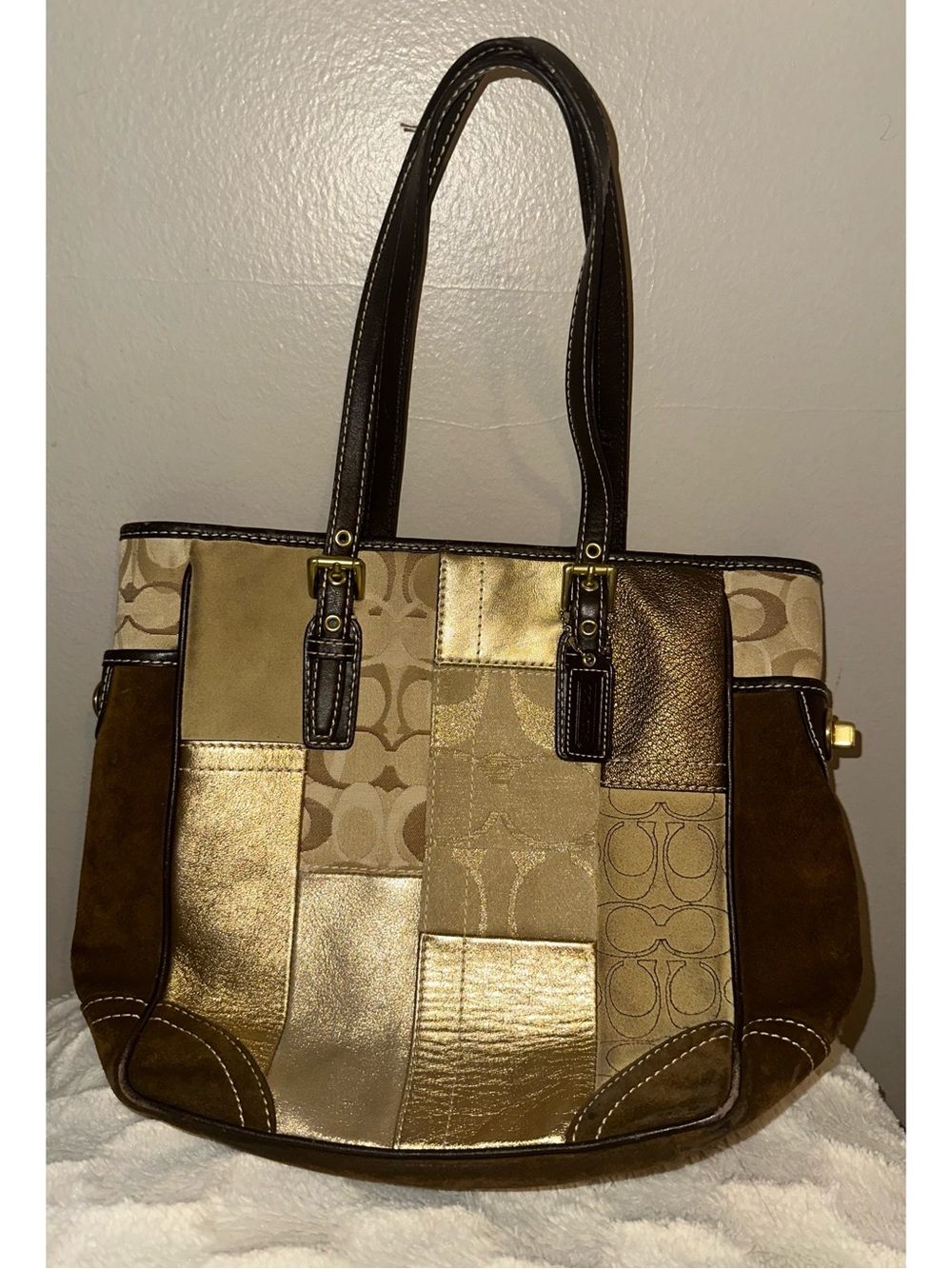 Vintage Coach Hampton Patchwork Tote Bag Brown Suede & Metallic Gold Y2K